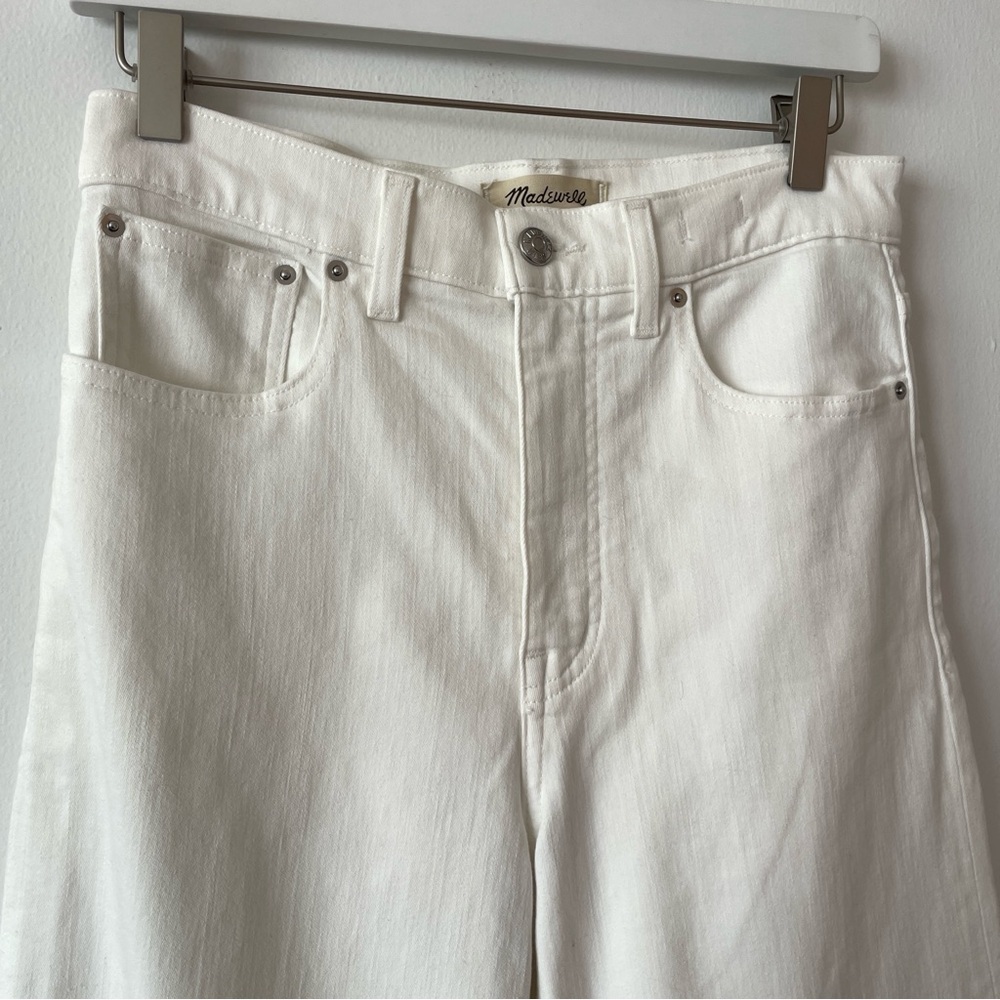 Madewell white flared wide leg cropped jeans raw hem high-rise magic pocket 27 - Picture 9 of 13